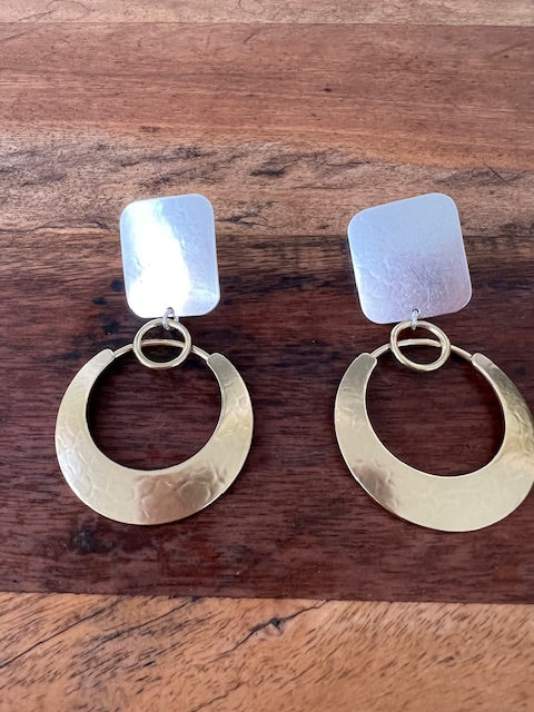 Big Silver Squares With Brass Hoops Clip On Earrings