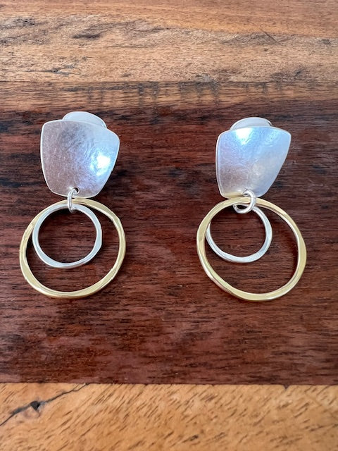 Circles And Squares Silver And Brass Clip On Earrings