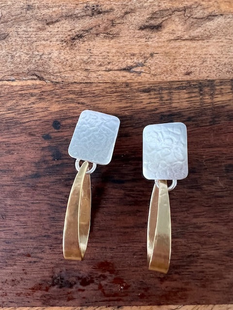 Silver Squares With brass Teardrop Loop Clip On Earrings