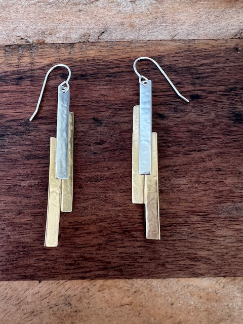 Long Silver and Brass Oblong Earrings