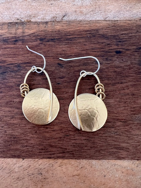 Round Brass Disc With Brass Wire Earrings