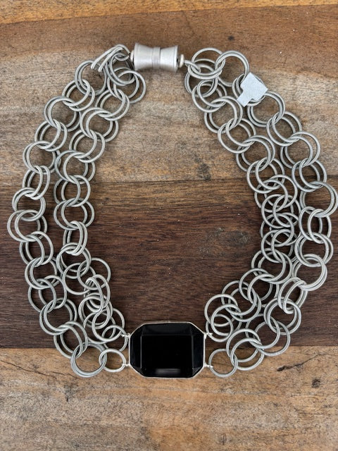 Piano Wire Chain Link Necklace With Onyx Pendant