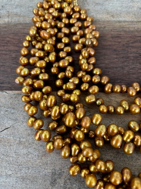 7 Strand Gold Pearls &Crystal Necklace