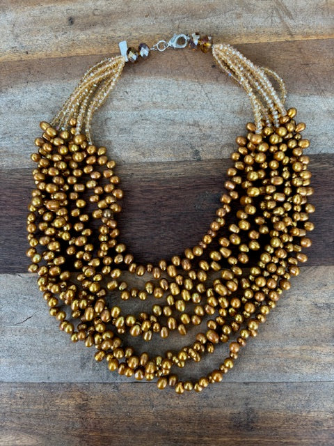 7 Strand Gold Pearls &Crystal Necklace
