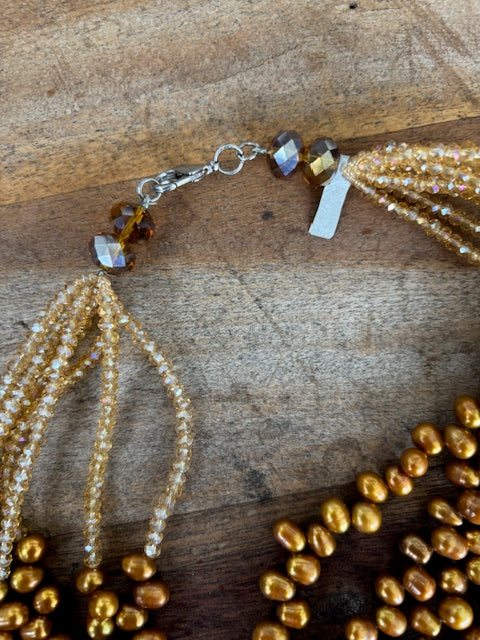 7 Strand Gold Pearls &Crystal Necklace