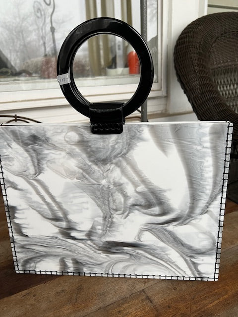 Marble Hand Bag In lucite With Black Handles