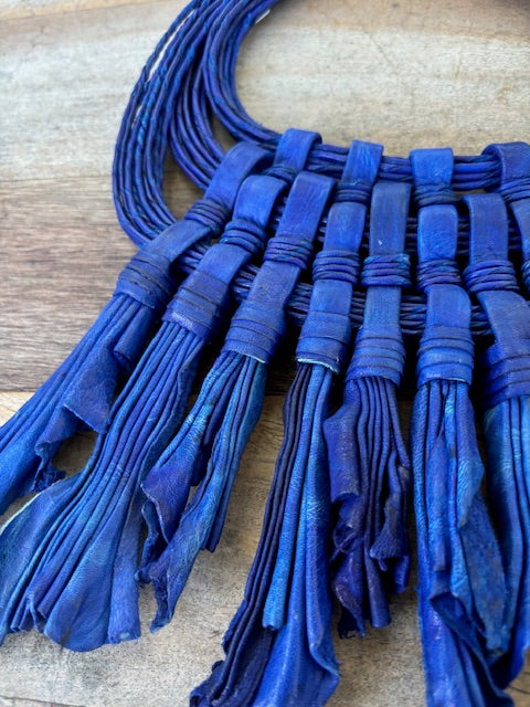 Hand Made Mali Leather Necklace In Cobalt Blue