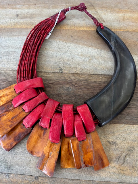 Red Leather And Horn And Ebony Necklace