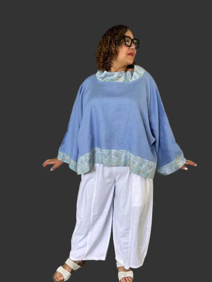 DTH Oversized Linen Top Trimmed With Silk Ikat