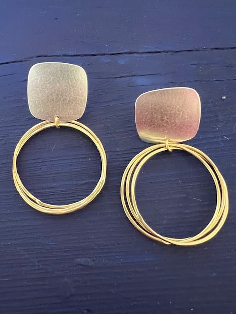 Silver Squares With 3 Brass Circles ClipOn Earrings ( Large )