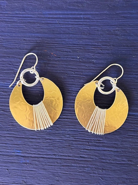 Brass Crescent Disc with Titanium Wrap Around Earrings