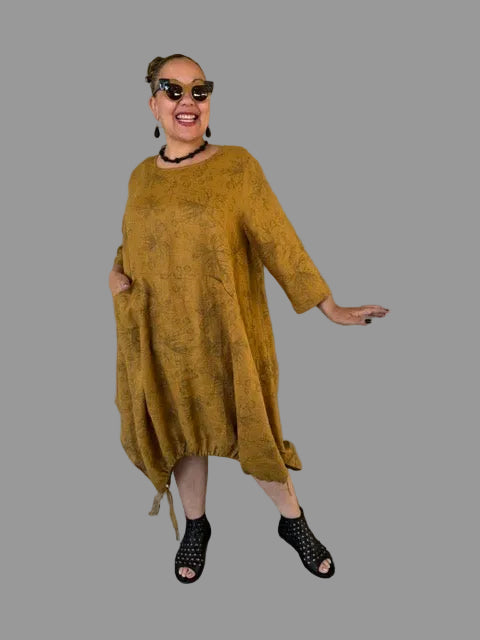 Linen 2 Pocket Dress With Soft Leaf Imprint
