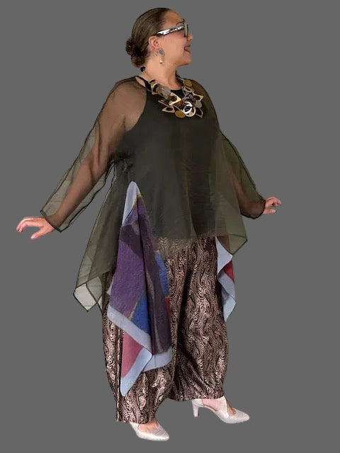 Dth Organza In Dark Olive With Hand Painted Inserts