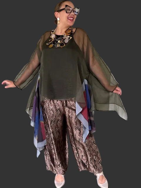 Dth 100% Silk Damask Pleated Hem Pants