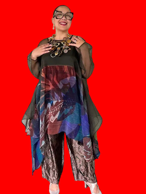 Dth 100 % Silk Waterfall Top With Pleated Chiffon