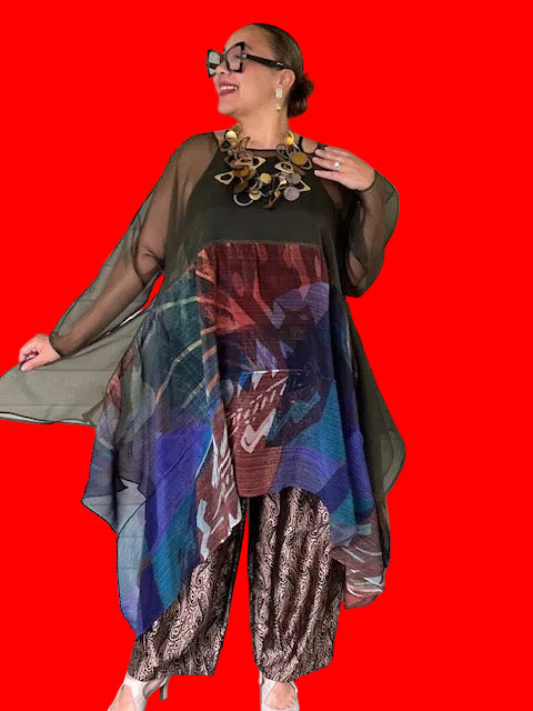 Dth 100 % Silk Waterfall Top With Pleated Chiffon