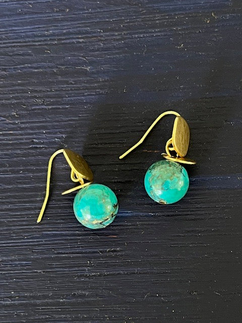 Small Brass and Turquoise French Wire Earrings