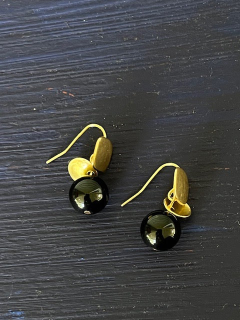 Small Brass and Onyx French Wire Earings