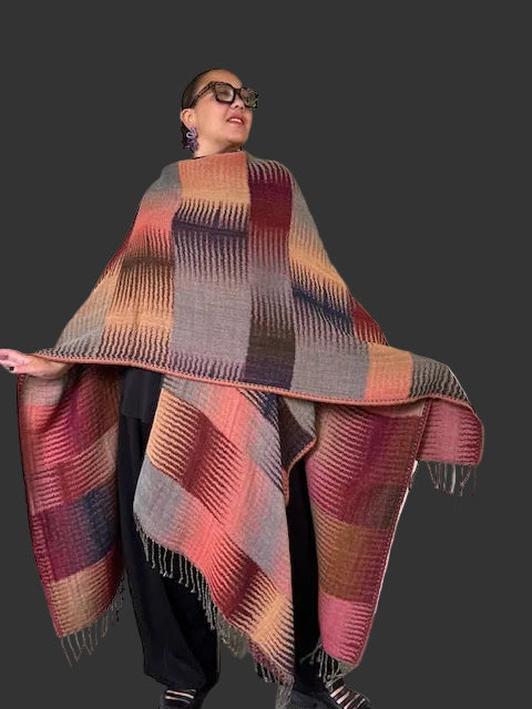 Fall wrap  In Colorfull Ikat (Trimmed In Leather)