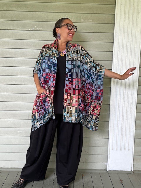 Kimono Style Cardigan Vest in Colorfull Woven Fabric