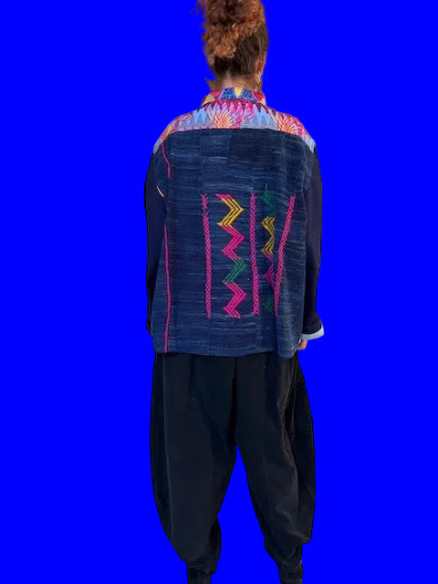 Boxing kitten Dorothy Work Jacket ( Ankara antique Indigo Guatemala textile)