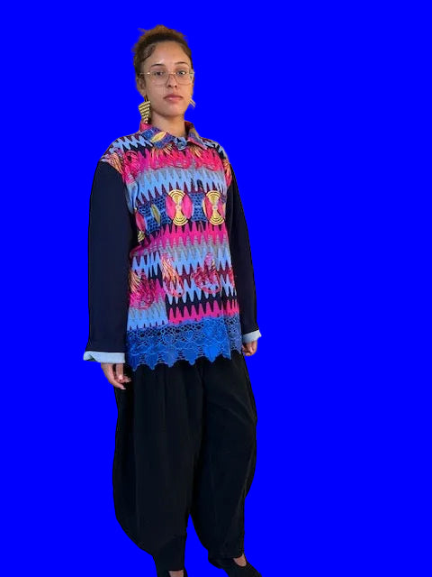 Boxing kitten Dorothy Work Jacket ( Ankara antique Indigo Guatemala textile)