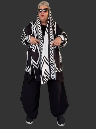 Geometric Black And White jacket With Attached  Scarf