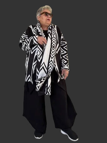 Geometric Black And White jacket With Attached  Scarf