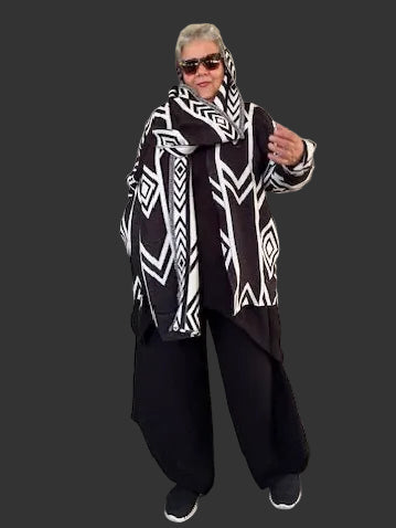 Geometric Black And White jacket With Attached  Scarf