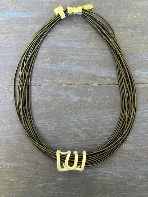 Black 12 Strand Piano Wire Necklace With Contemporary Pendant