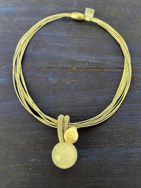 8 Strand Gold Piano Wire Necklace With Stone And Coin Pearl Pendant