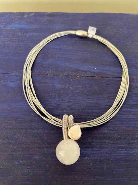 8 Strand Piano Wire Necklace With Stone And Coin Pearl Pendant