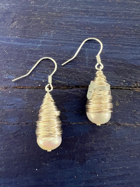White Pearls Wrapped In Silver Wire
