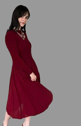 Pleats Dress In Wine Red