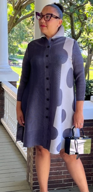 Gray Pleated Dress with Dots