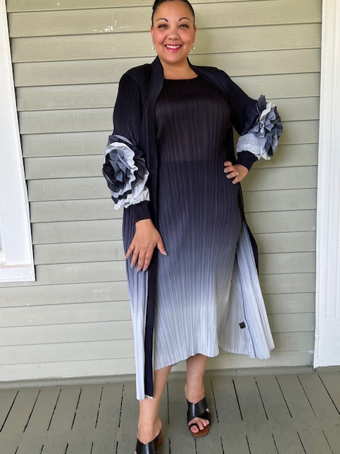 Pleated Roses Jacket with Matching Dress - Black/Gray Ombré (Sold as Set)