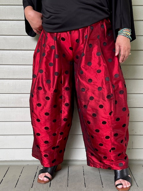 DTH 100% Red Silk Seamed Pants with Black Dot Embroidery