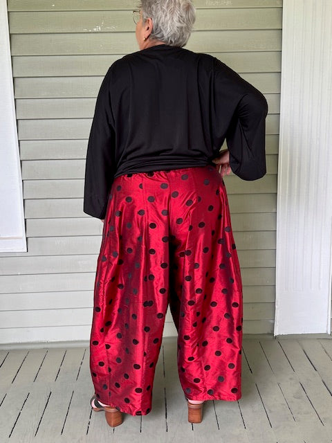 DTH 100% Red Silk Seamed Pants with Black Dot Embroidery