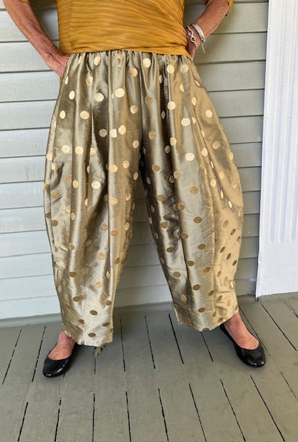 DTH 100% Gold Silk Seamed Pants with Dot Embroidery