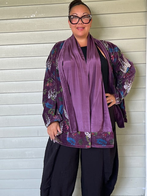 Velvet Jacket with Floral Print and Matching Scarf (Eggplant)