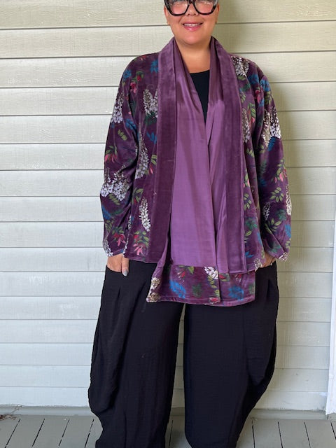 Velvet Jacket with Floral Print and Matching Scarf (Eggplant)