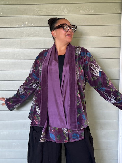 Velvet Jacket with Floral Print and Matching Scarf (Eggplant)