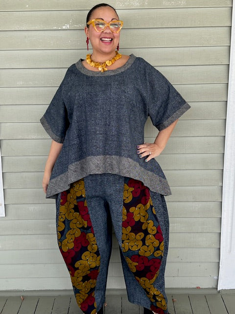 DTH  Mixed Fabric Seamed  Pants ( Ankara and Japanese Indigo Linen)