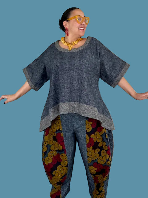 DTH  Mixed Fabric Seamed  Pants ( Ankara and Japanese Indigo Linen)