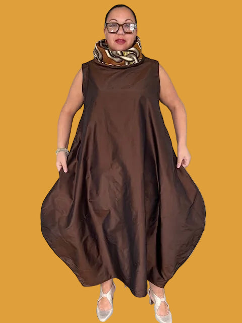 DTH Chocolate Brown Silk Taffeta Chains Bubble Cowl Dress