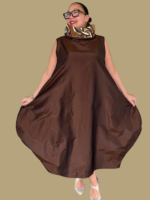 DTH Chocolate Brown Silk Taffeta Chains Bubble Cowl Dress