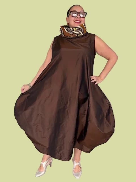 DTH Chocolate Brown Silk Taffeta Chains Bubble Cowl Dress