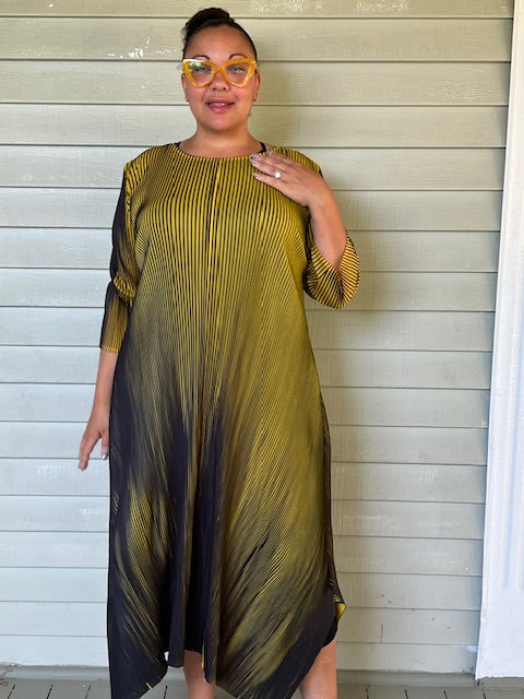 Vanite Couture Mustard/Black Pleated Dress