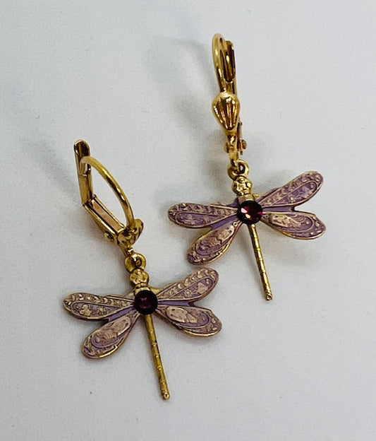 Small Swarovski Dragonfly Lever Back Earrings (Pink)