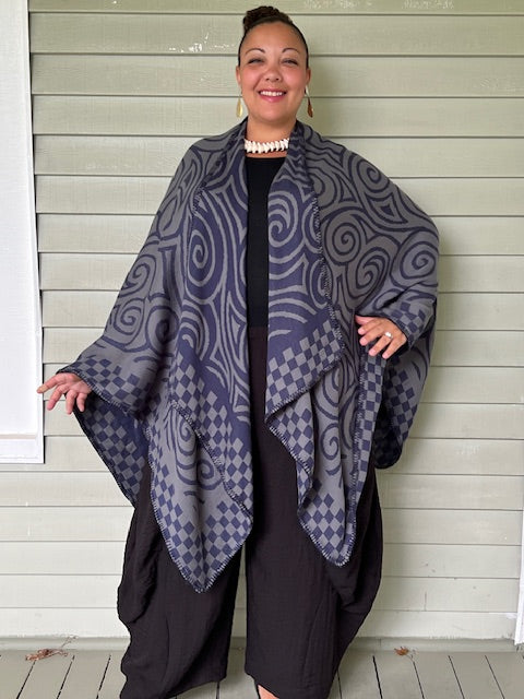 Reversible Swirls Ruana Wrap (Denim Blue)